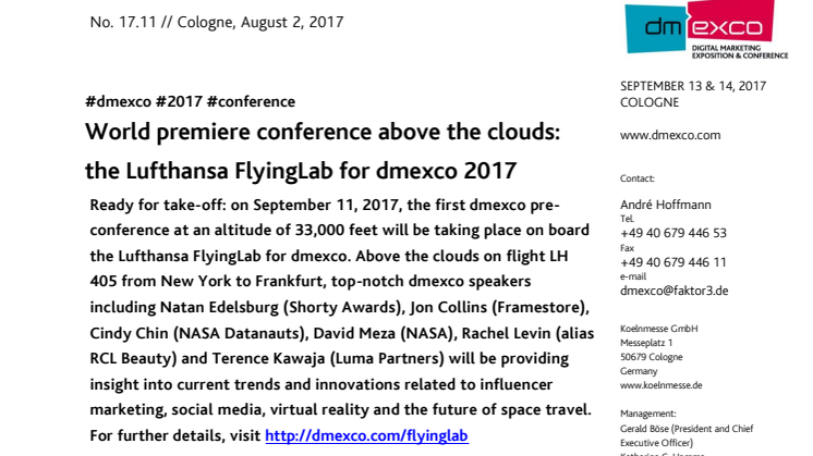 World premiere conference above the clouds: the Lufthansa FlyingLab for dmexco 2017