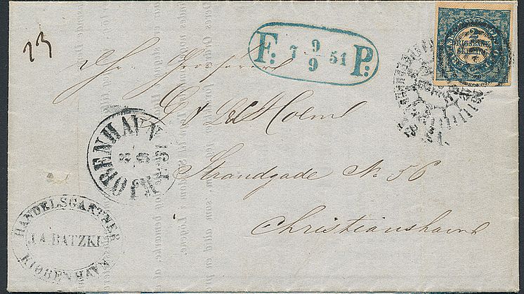 1851. 2 RBS Ferslew. Plade I, nr. 77. Type 5. Smukt mærke på lille lokal tryksagsbrev udbragt med fodposten 9.9.1851. Vurdering: 10.000 kr.