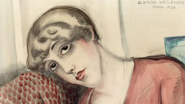 Gerda Wegener- Portræt af Lili i rød kjole, 1929. Signeret. Akvarel og kridt på papir. Lysmål 63 x 48 cm. Vurdering- 40.000-50.000 kr.