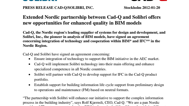 Utökat nordiskt samarbete mellan Cad-Q och Solibri skapar nya möjligheter för ökad kvalitet i BIM-modeller