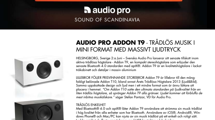 AUDIO PRO ADDON T9 - Trådlös musik i mini-format med massivt ljudtryck