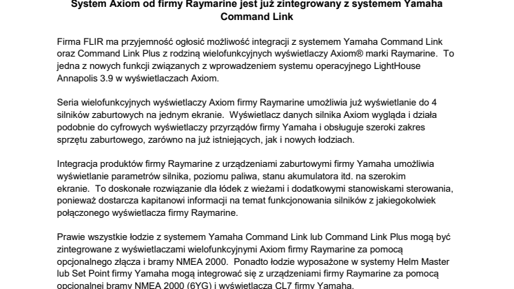 System Axiom od firmy Raymarine jest już zintegrowany z systemem Yamaha Command Link 