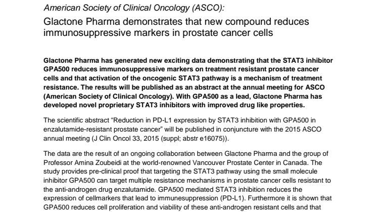 American Society of Clinical Oncology (ASCO): Glactone Pharma demonstrates that new compound reduces immunosuppressive markers in prostate cancer cells