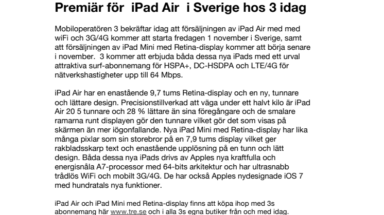 Premiär för  iPad Air  i Sverige hos 3 idag 