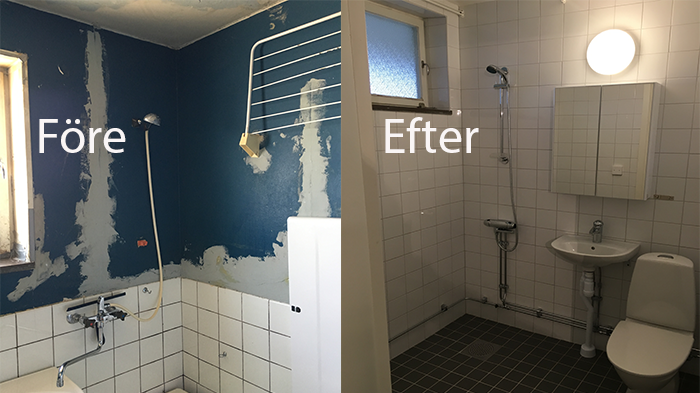 Så här såg badrummen ut innan och efter stamrenoveringen på Härbrevägen i Skogås, som pågått under 2017.