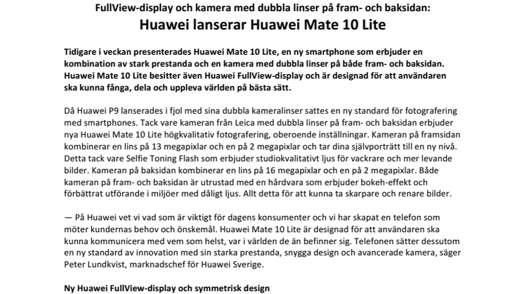 FullView-display och kamera med dubbla linser på fram- och baksidan: Huawei lanserar Huawei Mate 10 Lite