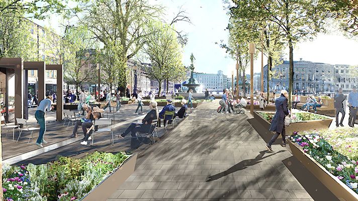 Nu ska Brunnsparken rustas upp med målet att skapa ett tryggt och välkomnande park- och hållplatsrum. Illustration White arkitekter