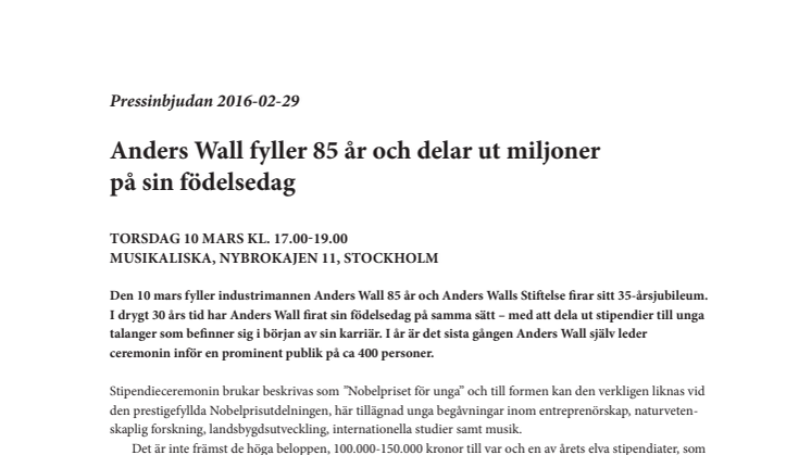Anders Wall delar ut miljoner till unga på sin 85-årsdag
