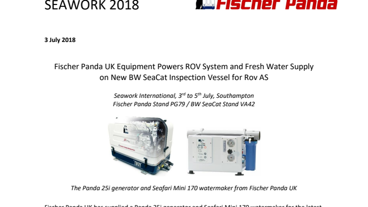 Fischer Panda UK Equipment Powers ROV System and Fresh Water Supply  on New BW SeaCat Inspection Vessel for Rov AS