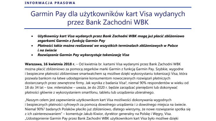 Garmin Pay dla użytkowników kart Visa wydanych przez Bank Zachodni WBK