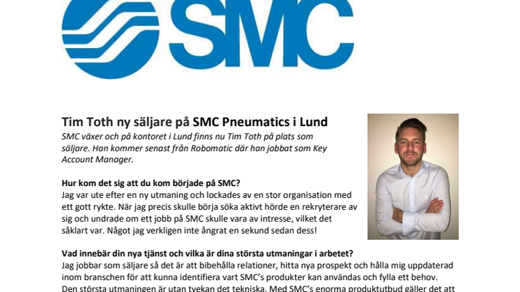 Tim Toth ny säljare på SMC Pneumatics i Lund