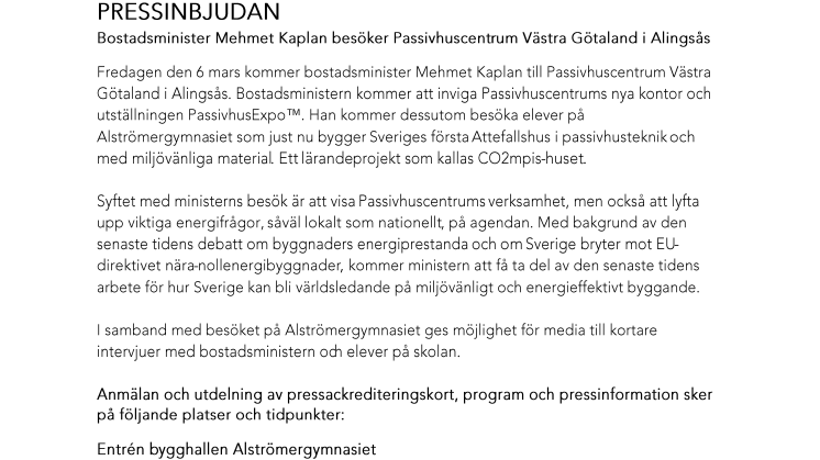 ​PRESSINBJUDAN: Bostadsminister Mehmet Kaplan besöker Passivhuscentrum Västra Götaland i Alingsås