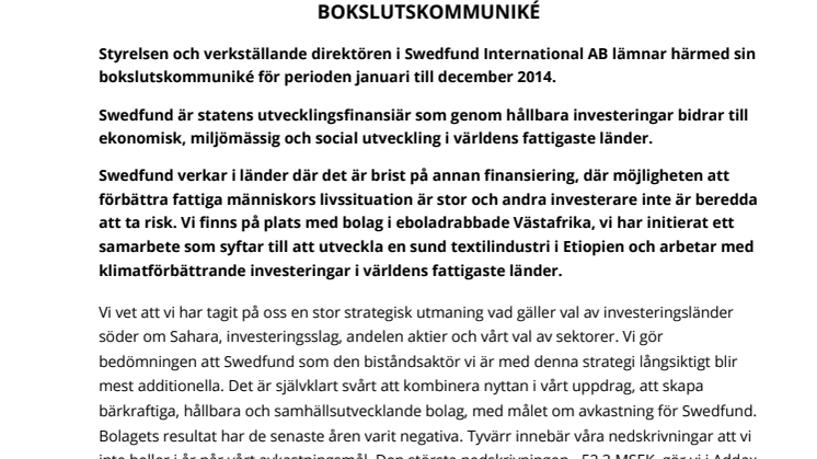 Swedfund Bokslutskommuniké 2014