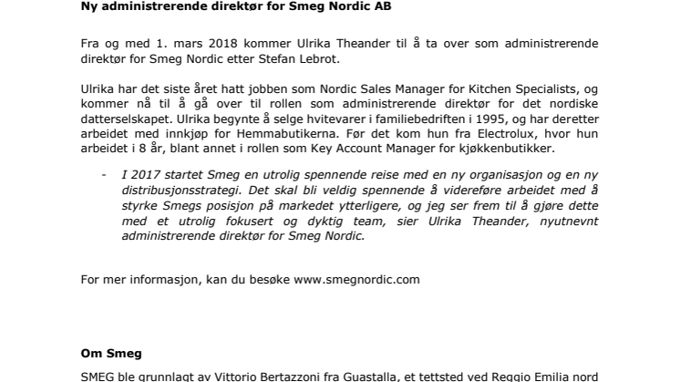 Ny administrerende direktør for Smeg Nordic AB