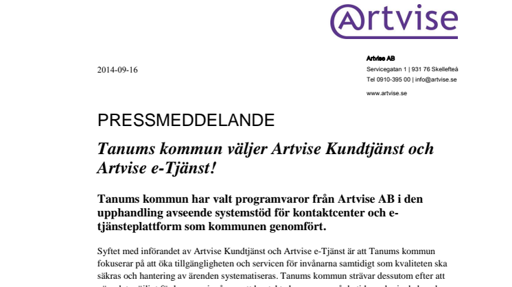 Tanums kommun väljer Artvise Kundtjänst och Artvise e-Tjänst!