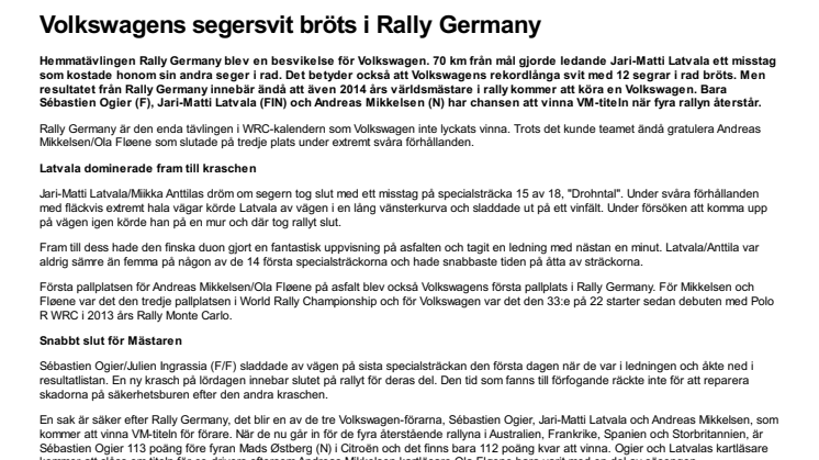 Volkswagens segersvit bröts i Rally Germany
