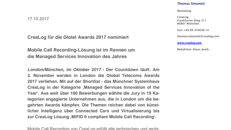 CreaLog für die Glotel Awards 2017 nominiert: Mobile Call Recording-Lösung ist im Rennen um  die Managed Services Innovation des Jahres