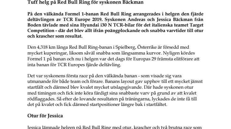Tuff helg på Red Bull Ring för syskonen Bäckman