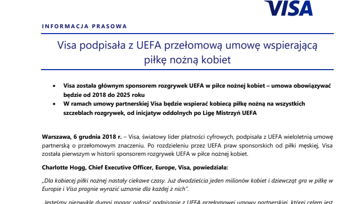 Visa podpisała z UEFA przełomową umowę wspierającą piłkę nożną kobiet
