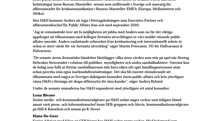 H&H förstärker sitt public affairs-team med Anders Bylund