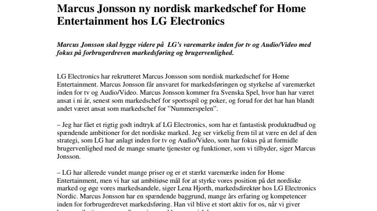 Marcus Jonsson ny nordisk markedschef for Home Entertainment hos LG Electronics