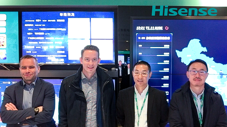 Från vänster: Andreas Sandvik (Business Development Manager CBK), Severin Aarnes (Purchase manager CBK), Linden Sun (B2B Hisense General Manager), Shawn Kim (försäljningschef Europe Hisense)