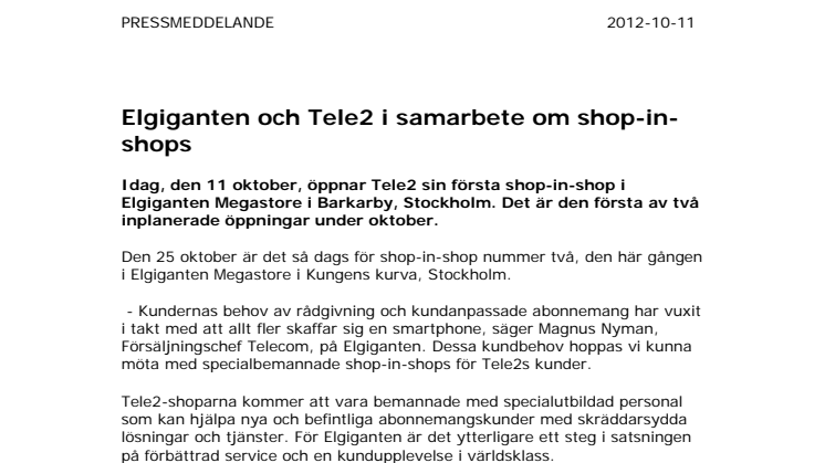 Elgiganten och Tele2 i samarbete om shop-in-shops