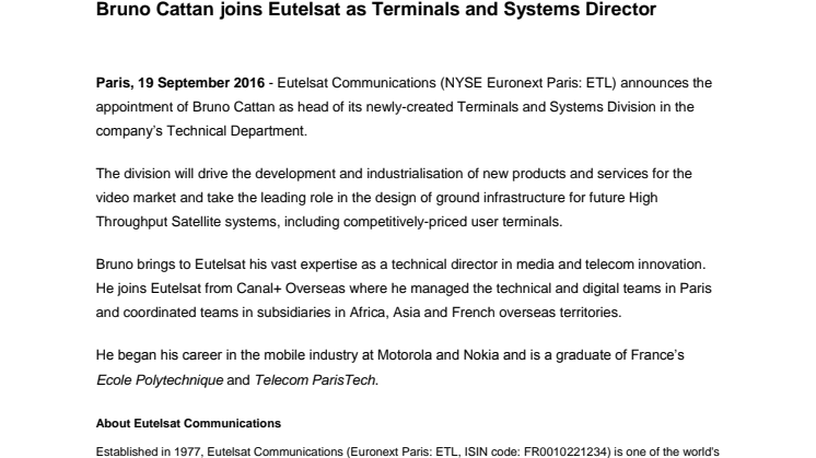Bruno Cattan joins Eutelsat as Terminals and Systems Director