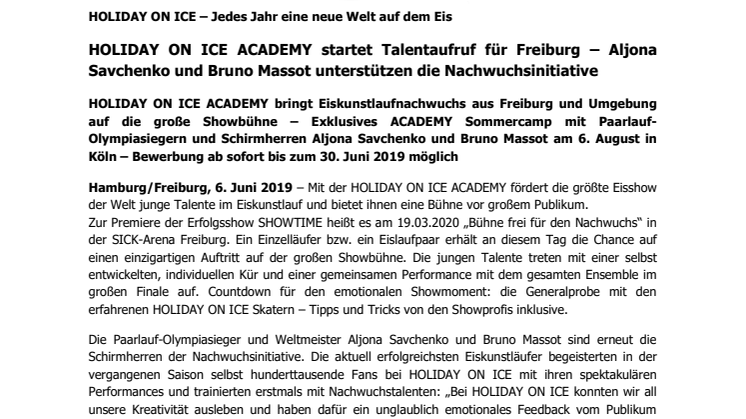 HOLIDAY ON ICE ACADEMY startet Talentaufruf für Freiburg – Aljona Savchenko und Bruno Massot unterstützen die Nachwuchsinitiative