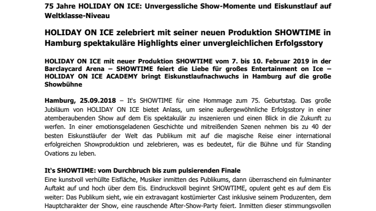HOLIDAY ON ICE zelebriert mit seiner neuen Produktion SHOWTIME in Hamburg spektakuläre Highlights einer unvergleichlichen Erfolgsstory
