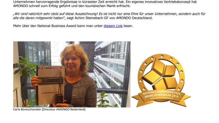 AMONDO NL nominiert für National Business Success Award