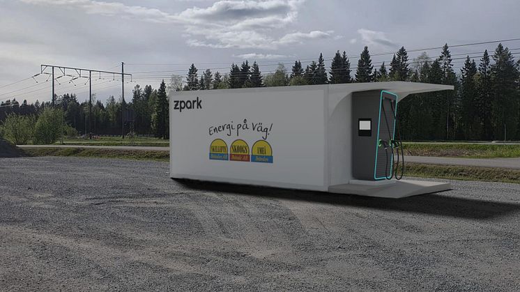 Quick and buffer container build on fast chargers (DC) and energy storage. Photo: Skoogs Bränsle.