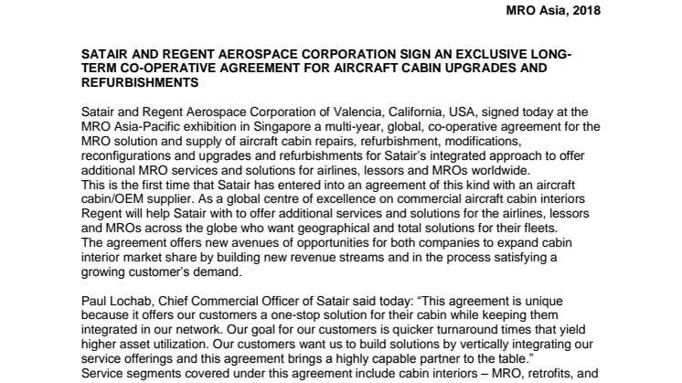 SATAIR AND REGENT AEROSPACE CORPORATION SIGN AN EXCLUSIVE LONG-TERM CO-OPERATIVE AGREEMENT FOR AIRCRAFT CABIN UPGRADES AND REFURBISHMENTS