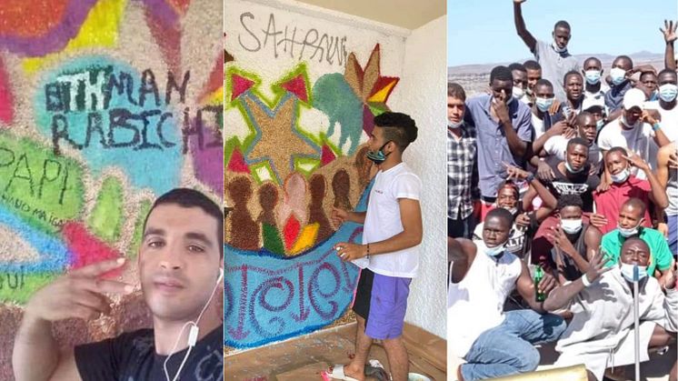 Left and centre:  migrants "decorating" the walls at luxury resort.  Right:  Happy faces on the balcony