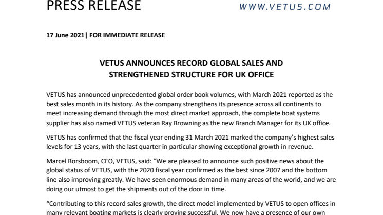 VETUS Announces Record Global Sales and Strengthened Structure for UK Office