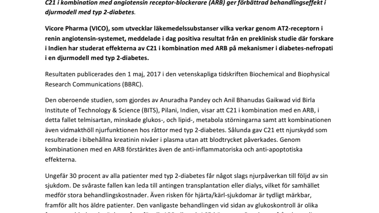  Nya positiva forskningsresultat på diabetes-nefropati med Vicore Pharmas läkemedelskandidat C21 