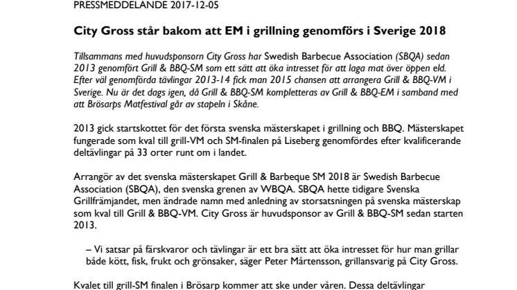 City Gross står bakom att EM i grillning genomförs i Sverige 2018