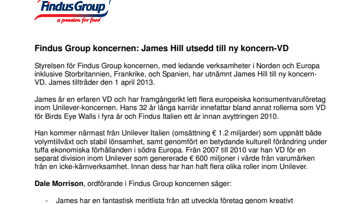Findus Group koncernen: James Hill utsedd till ny koncern-VD