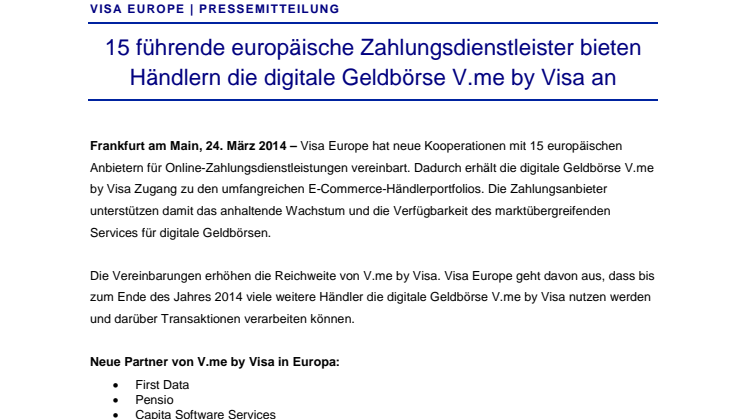 15 führende europäische Zahlungsdienstleister bieten Händlern die digitale Geldbörse V.me by Visa an