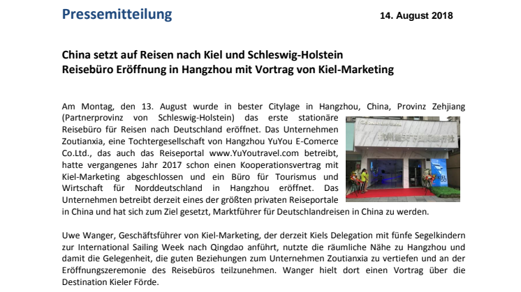 Hangzhou/China setzt auf Reisen nach Kiel und Schleswig-Holstein