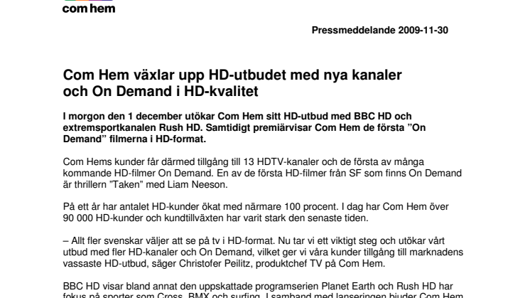 Com Hem växlar upp HD-utbudet med nya kanaler och On Demand i HD-kvalitet