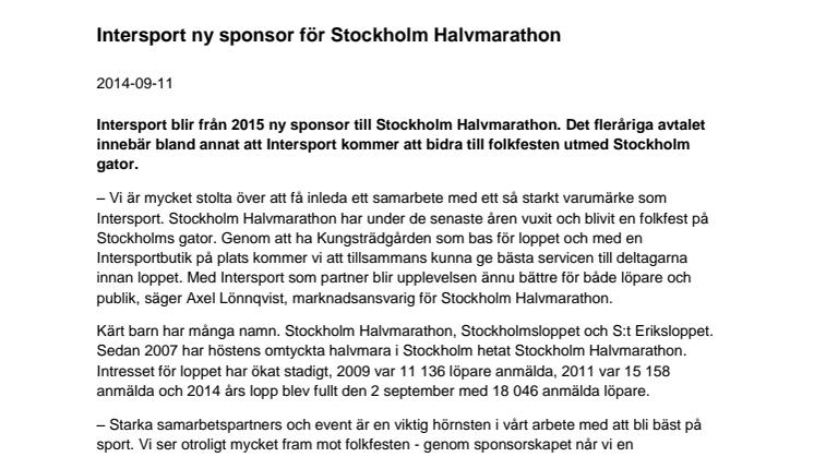Intersport ny sponsor för Stockholm Halvmarathon