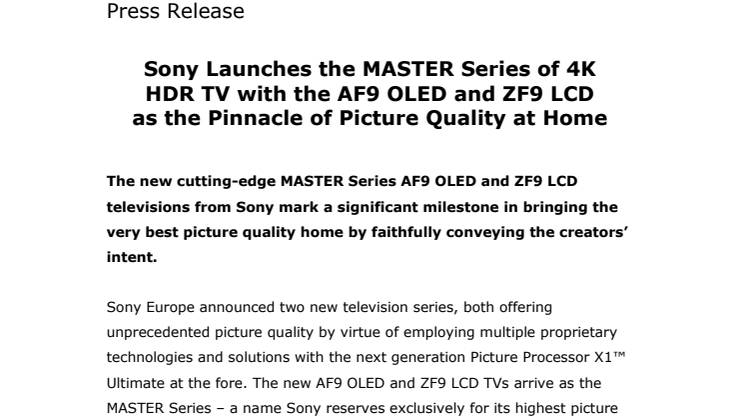Sony lanserer MASTER Series 4K HDR-TV-er med de nye modellene AF9 OLED og ZF9 LCD