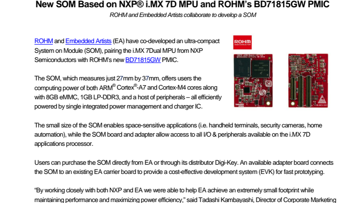 New SOM Based on NXP® i.MX 7D MPU and ROHM’s BD71815GW PMIC---ROHM and Embedded Artists collaborate to develop a SOM 