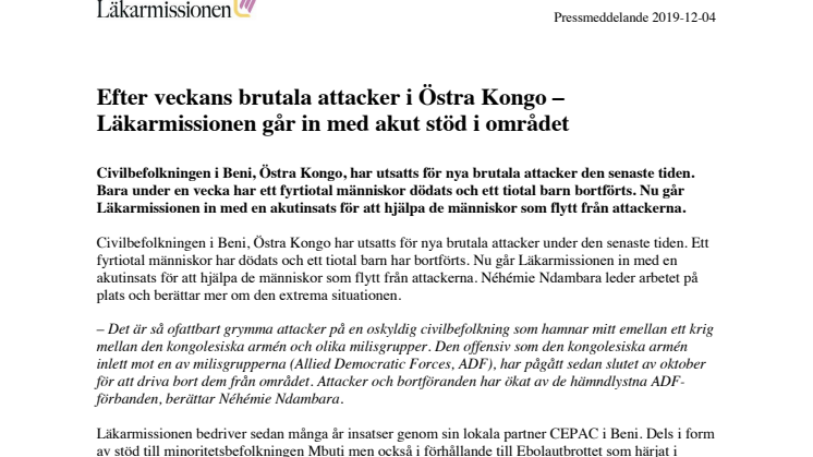 Efter veckans brutala attacker i Östra Kongo – Läkarmissionen går in med akut stöd i området