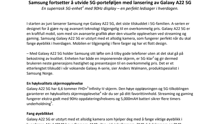 Samsung fortsetter å utvide 5G-porteføljen med lanseringen av Galaxy A22 5G
