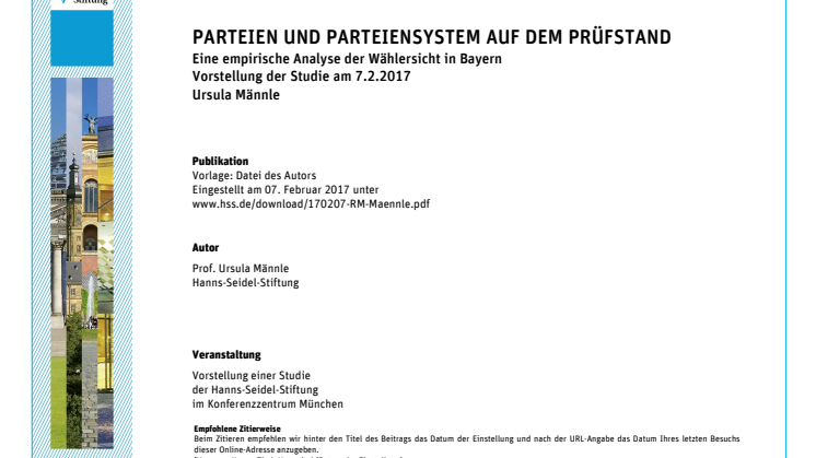 Rede der Vorsitzenden Ursula Männle bei der Vorstellung der Studie:  Parteien und Parteiensystem auf dem Prüfstand - Eine empirische Analyse der Wählersicht in Bayern