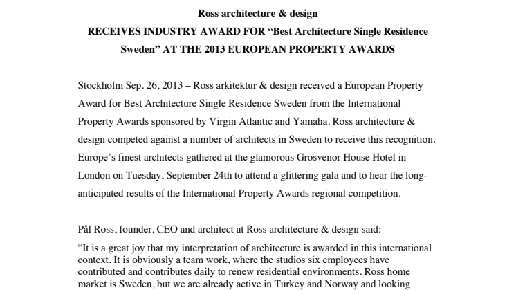 Ross arkitektur & design vinner internationellt guld!