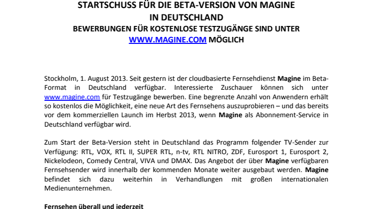 Startschuss für die Beta-Version von Magine in Deutschland
