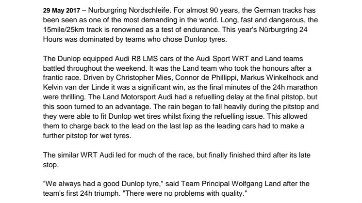 Dunlop teams dominate thrilling Nurburgring 24h